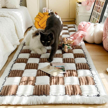 Cream-colored Large Plaid Square Fuzzy Pet Mat Bed Couch Cover