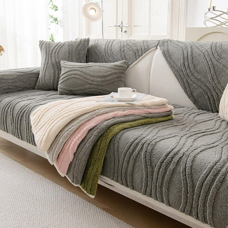 Elegant Grey Textured Non-Slip Thick Plush Couch Cover