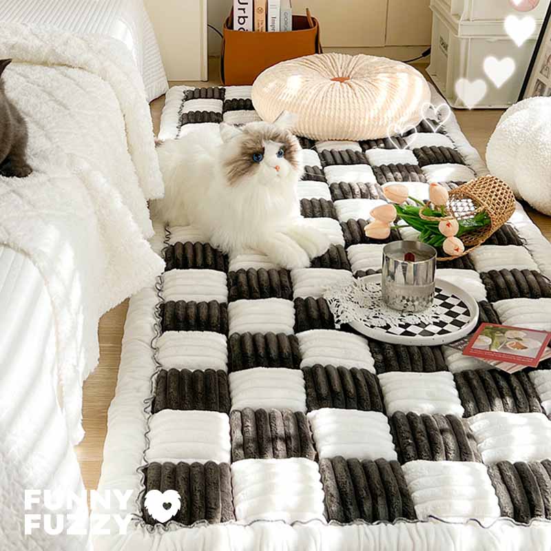 Cream-colored Large Plaid Square Fuzzy Pet Mat Bed Couch Cover