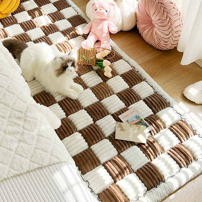 Cream-colored Large Plaid Square Fuzzy Pet Dog Mat Bed Couch Cover